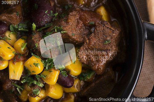 Image of Tasty winter traditional hot pot stew with meat and vegetables 