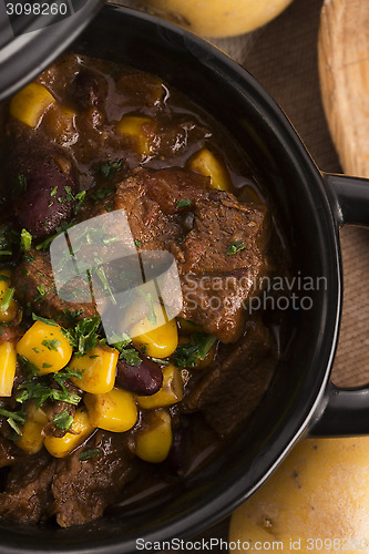 Image of Tasty winter traditional hot pot stew with meat and vegetables 