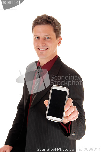 Image of Man showing his cell phone.