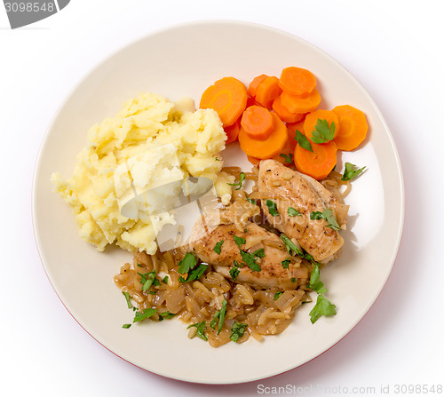 Image of Chicken in almond sauce meal from above