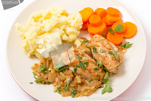 Image of Chicken in almond sauce dinner high angle