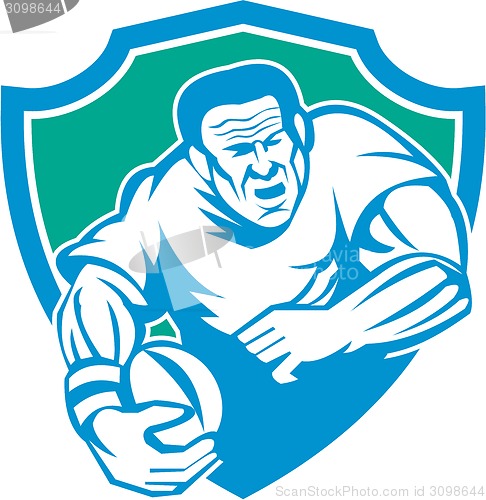 Image of Rugby Player Running Ball Shield Linocut