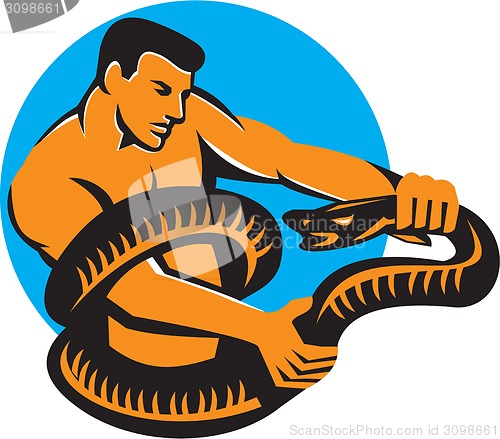 Image of Man Fighting Boa Constrictor Snake Retro