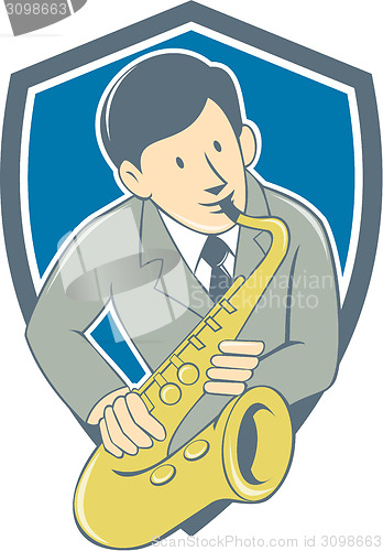 Image of Musician Playing Saxophone Shield Cartoon