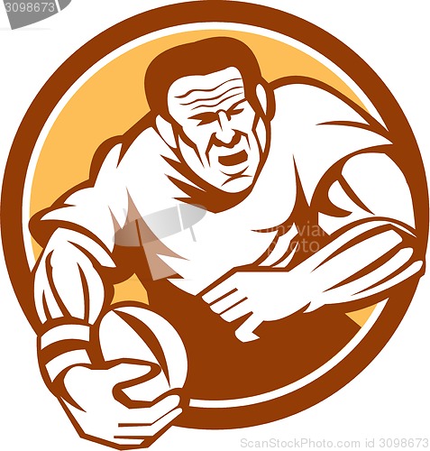 Image of Rugby Player Running Ball Circle Linocut