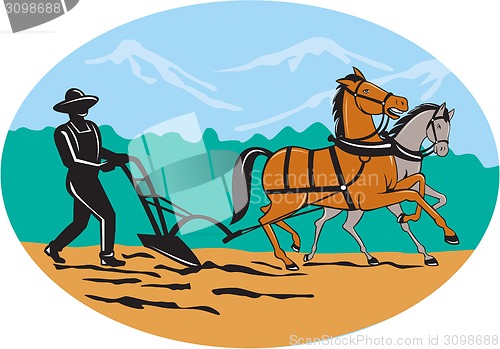 Image of Farmer and Horses Plowing Field Cartoon