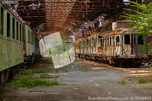 Image of Cargo trains in old train depot