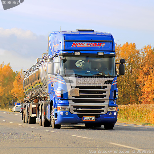 Image of Blue Scania R440 Tank Truck on Autumn Highway
