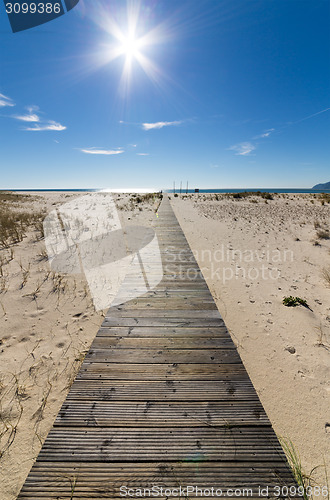 Image of Wooden Walkway Leading to the Beach over Sand Dunes