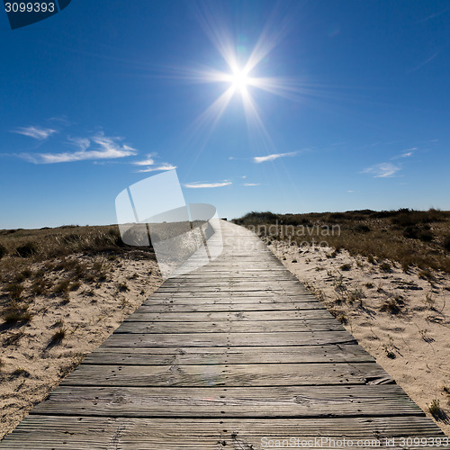 Image of Wooden Walkway Leading to the Beach over Sand Dunes