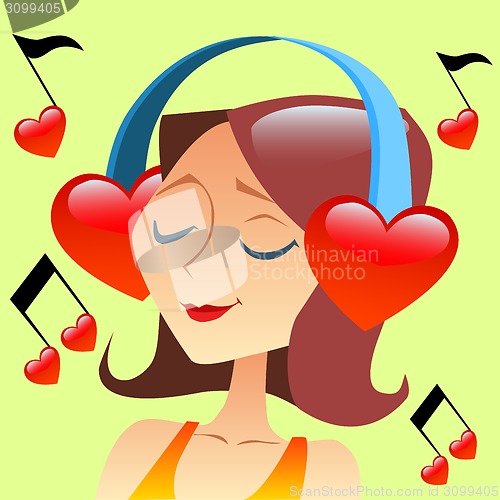 Image of Girl listening to music with headphones in the form of a red hea