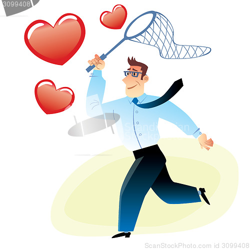 Image of Businessman with a net catches flying red heart