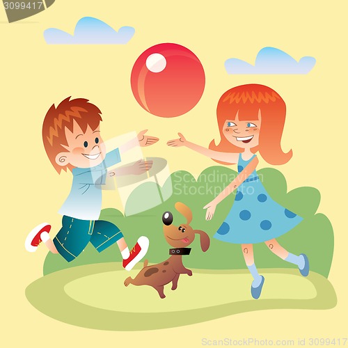 Image of Kids and dog play outdoors in the ball