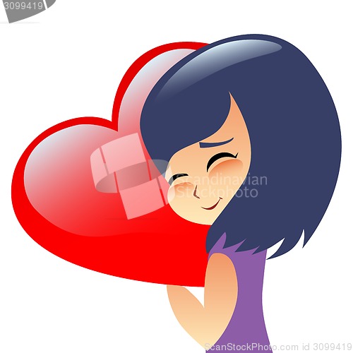 Image of Girl teen hugs heart pillow