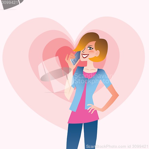 Image of Young smiling woman talking on the phone heart
