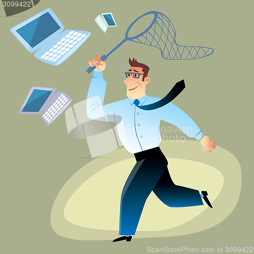 Image of Businessman catches computers in the net for butterflies