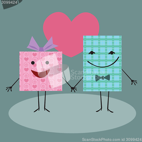Image of Gift packaging holding hands and smiling in the background heart