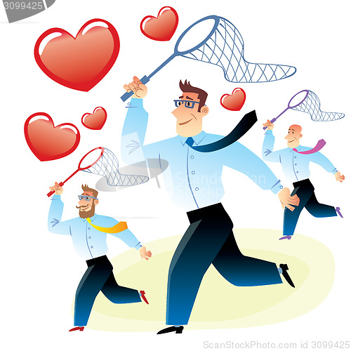 Image of Men in search of love caught red heart butterfly net