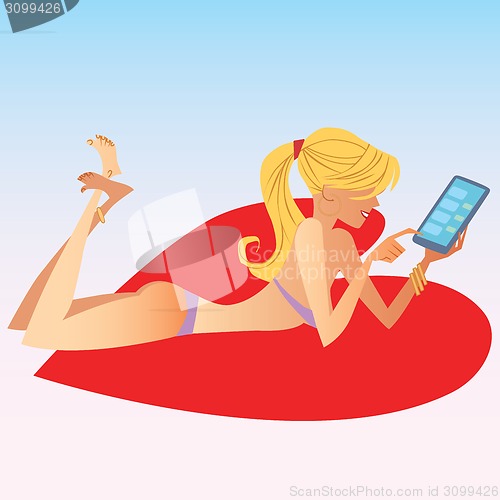 Image of The blonde girl in swimsuit deals on smartphone