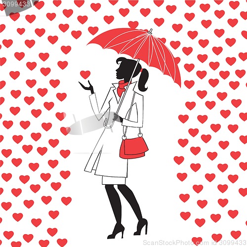 Image of Woman with umbrella under the rain of red hearts