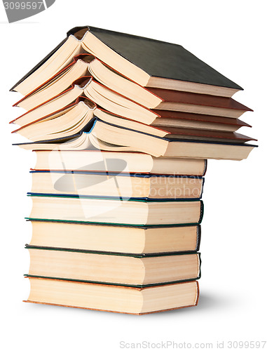 Image of Stack of open and closed old books rotated