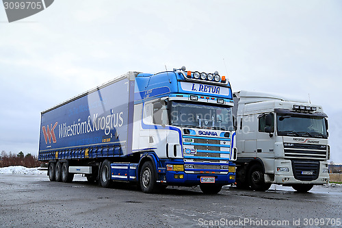 Image of Scania 164L Topline and DAF Semi Trucks Parked