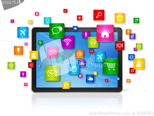 Image of Digital Tablet pc and flying apps icons