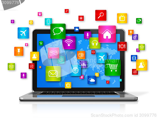 Image of Laptop Computer and flying apps icons