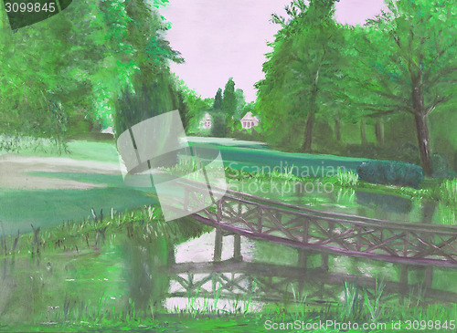 Image of Autumn forest with a pond and bridge over the pond