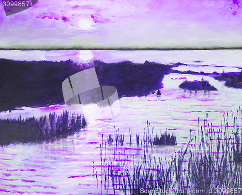 Image of Original oil painting showing beautiful lake