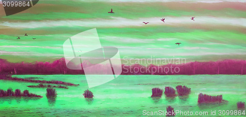 Image of Sunset at the lake, birds in the sky