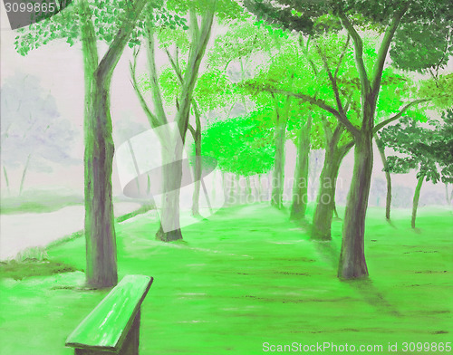 Image of Painting showing beautiful sunny autumn day in a park