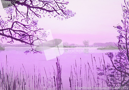 Image of Original oil painting showing beautiful lake