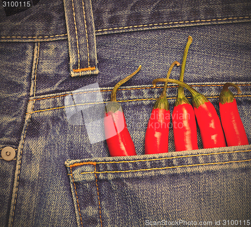 Image of red peppers in a jeans pocket