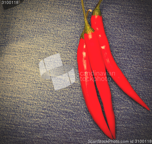 Image of hot chili pepper on jeans background