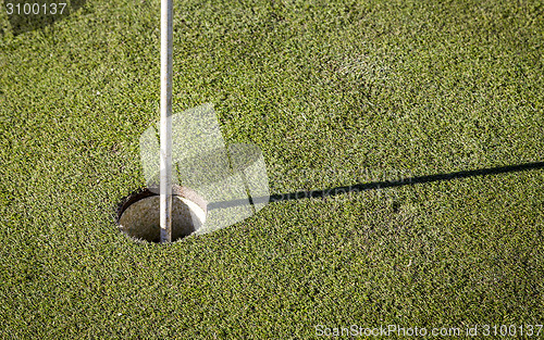 Image of golf flag on green grass