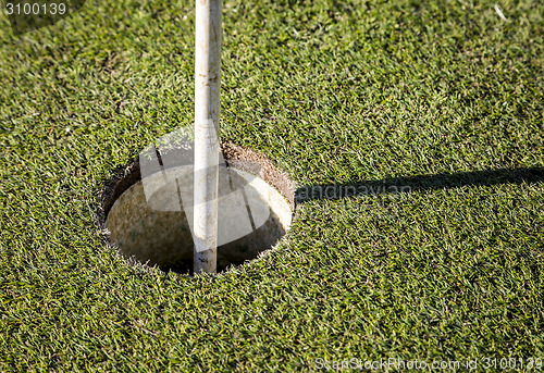 Image of golf flag on green grass