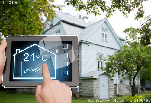 Image of close up of man hands touching tablet pc screen