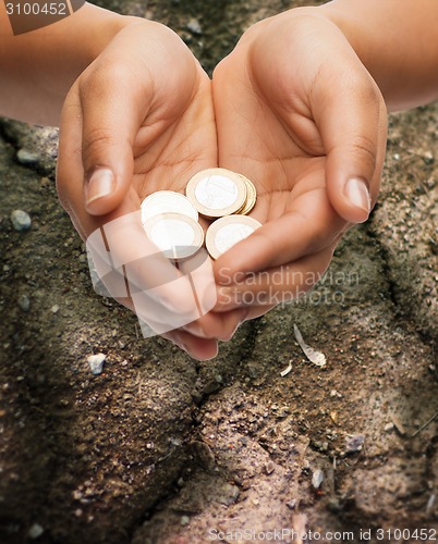 Image of female hands holding euro coins over ground