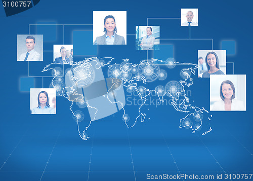 Image of pictures of businesspeople over world map