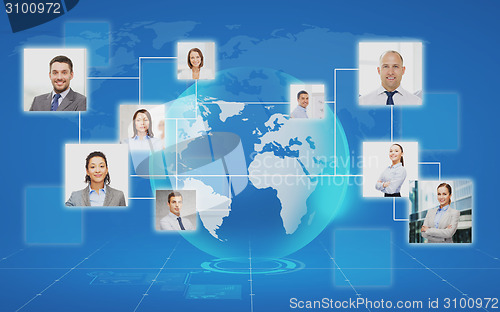 Image of pictures of businesspeople over world map