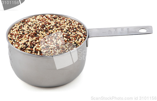 Image of Mixed red, white and black quinoa in a cup measure
