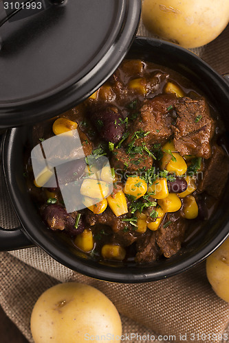 Image of Tasty winter traditional hot pot stew with meat and vegetables 