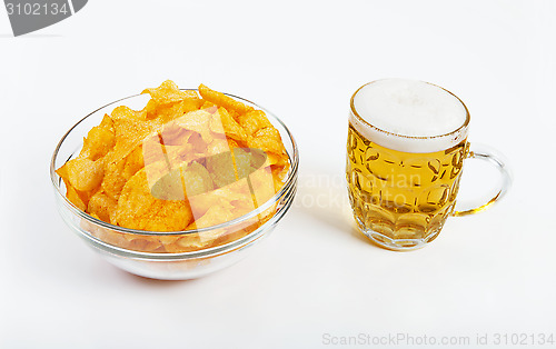 Image of Chips and beer white background