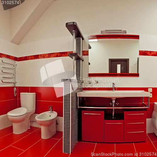 Image of Modern bathroom with red ceramic walls