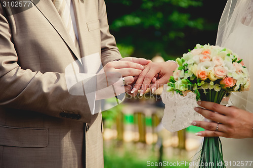 Image of mans hand putting a wedding ring on the brides finger