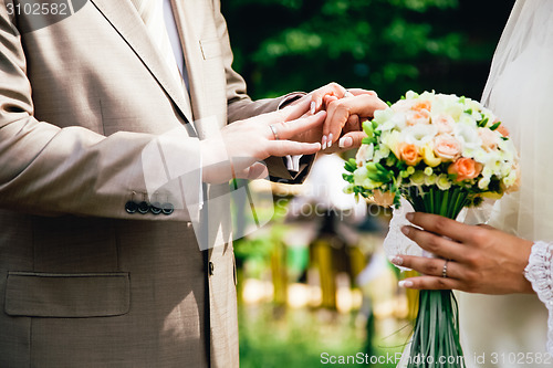 Image of mans hand putting a wedding ring on the brides finger