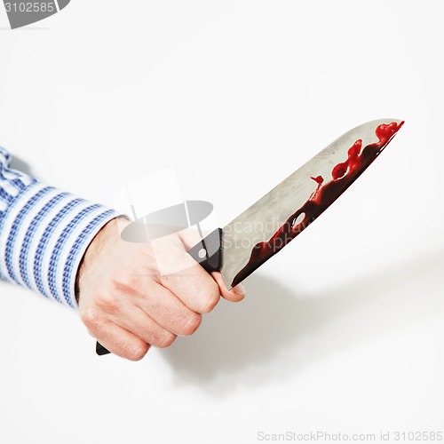 Image of The hand  is holding the knife with blood