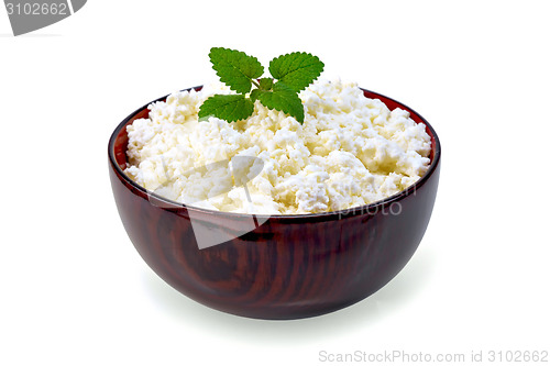 Image of Curd in wooden bowl with mint