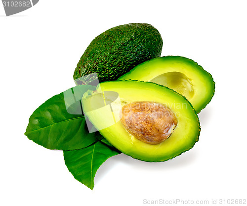Image of Avocado with leaf is cut